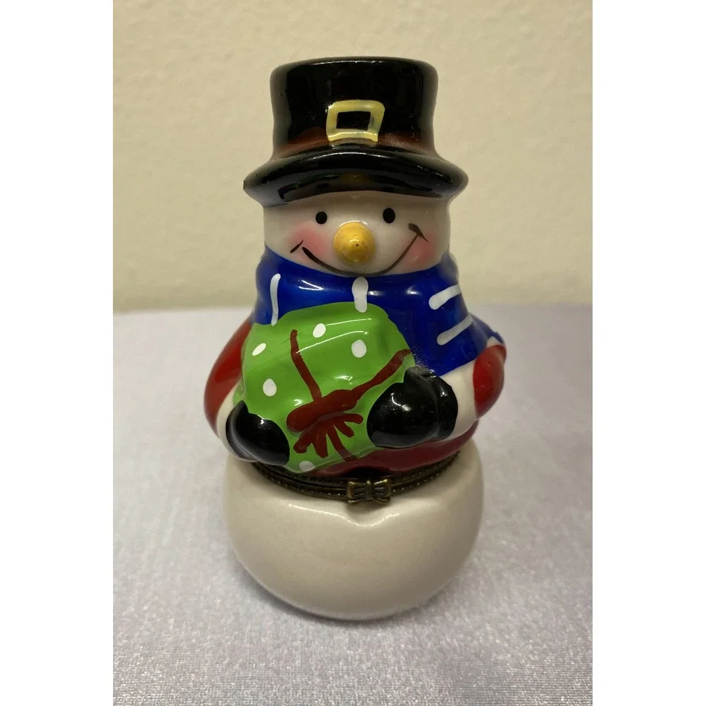 Christmas Porcelain Snowman Hinged Jewelry Trinket Box 4